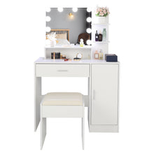 Load image into Gallery viewer, FCH Large Vanity Set with 10 LED Bulbs, Makeup Table with Cushioned Stool, 3 Storage Shelves 1 Drawer 1 Cabinet, Dressing Table Dresser Desk for Women, Girls, Bedroom, White