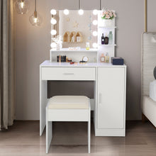 Load image into Gallery viewer, FCH Large Vanity Set with 10 LED Bulbs, Makeup Table with Cushioned Stool, 3 Storage Shelves 1 Drawer 1 Cabinet, Dressing Table Dresser Desk for Women, Girls, Bedroom, White