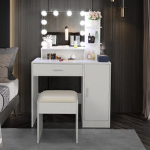 Load image into Gallery viewer, FCH Large Vanity Set with 10 LED Bulbs, Makeup Table with Cushioned Stool, 3 Storage Shelves 1 Drawer 1 Cabinet, Dressing Table Dresser Desk for Women, Girls, Bedroom, White