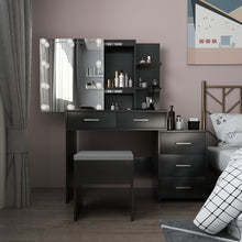Load image into Gallery viewer, FCH Particleboard Triamine Veneer 5 Pumps 2 Shelves Mirror Cabinet Three Dimming Light Bulb Dressing Table Set Black