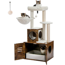 Load image into Gallery viewer, Cat Tree with Litter Box Enclosure, 50" Modern Cat Tree for Large with Cat Condo, Wooden Cat Furniture with Large Hammock and Top Perch, Complimentary cat litter box,Brown(Unable to ship on weekends)