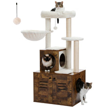 Load image into Gallery viewer, Cat Tree with Litter Box Enclosure, 50" Modern Cat Tree for Large with Cat Condo, Wooden Cat Furniture with Large Hammock and Top Perch, Complimentary cat litter box,Brown(Unable to ship on weekends)