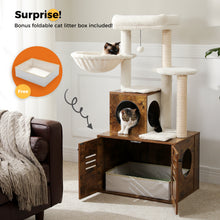 Load image into Gallery viewer, Cat Tree with Litter Box Enclosure, 50" Modern Cat Tree for Large with Cat Condo, Wooden Cat Furniture with Large Hammock and Top Perch, Complimentary cat litter box,Brown(Unable to ship on weekends)