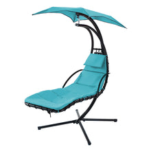 Load image into Gallery viewer, 53.15 in. Outdoor Teal Hanging Curved Lounge Chair Steel Hammocks Chaise Swing with Built-In Pillow and Removable Canopy