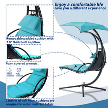 Load image into Gallery viewer, 53.15 in. Outdoor Teal Hanging Curved Lounge Chair Steel Hammocks Chaise Swing with Built-In Pillow and Removable Canopy