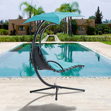 Load image into Gallery viewer, 53.15 in. Outdoor Teal Hanging Curved Lounge Chair Steel Hammocks Chaise Swing with Built-In Pillow and Removable Canopy