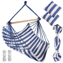 Load image into Gallery viewer, Hammock Hanging Chair Canvas Porch Patio Swing Seat Portable Camping Rope Seat Wooden Stick Hammock Chair with 2 Pillows 265LBS Load-bearing