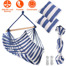 Load image into Gallery viewer, Hammock Hanging Chair Canvas Porch Patio Swing Seat Portable Camping Rope Seat Wooden Stick Hammock Chair with 2 Pillows 265LBS Load-bearing
